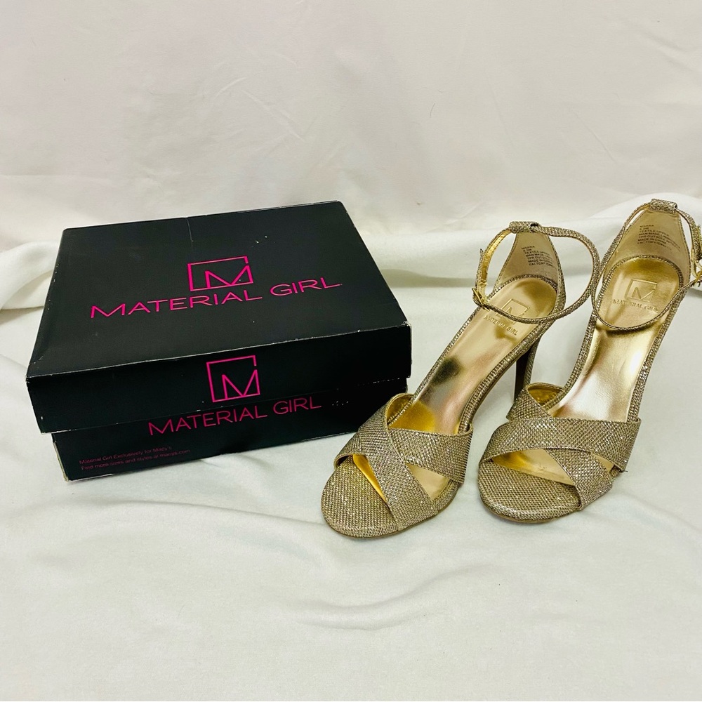 Macy’s Material Girl Gold Glitter Ankle Strap Open Toe 4 In. Stiletto Heels 8.5 - Picture 14 of 14